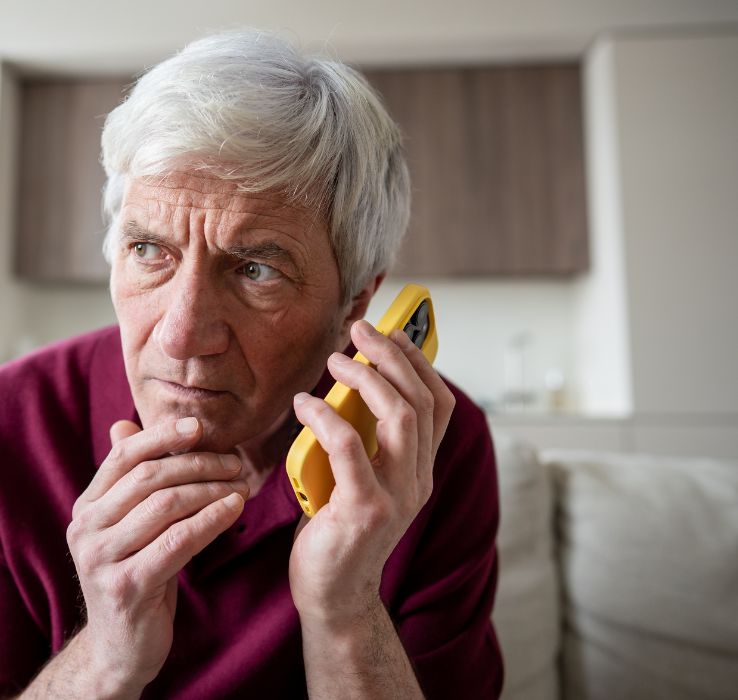 Older man looking at his phone with concern, representing awareness of common banking fraud scams